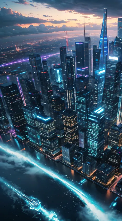 An ultra-high picture quality、top-quality、City of the Future、cyberpunked、vibrant light、Skyscrapers、In the clouds、View of the universe、SF World、