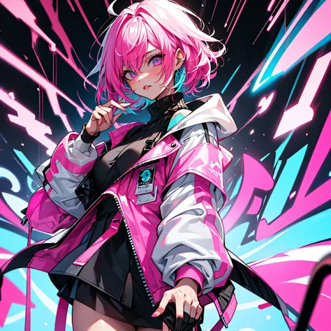 girl, white pink hair, cool black open short jacket labeled "CruciA", tatoos, messy fade cut hair, crazy, stand pose, on futuristic neon night street background,poser, fuchsia, indigo, cyan