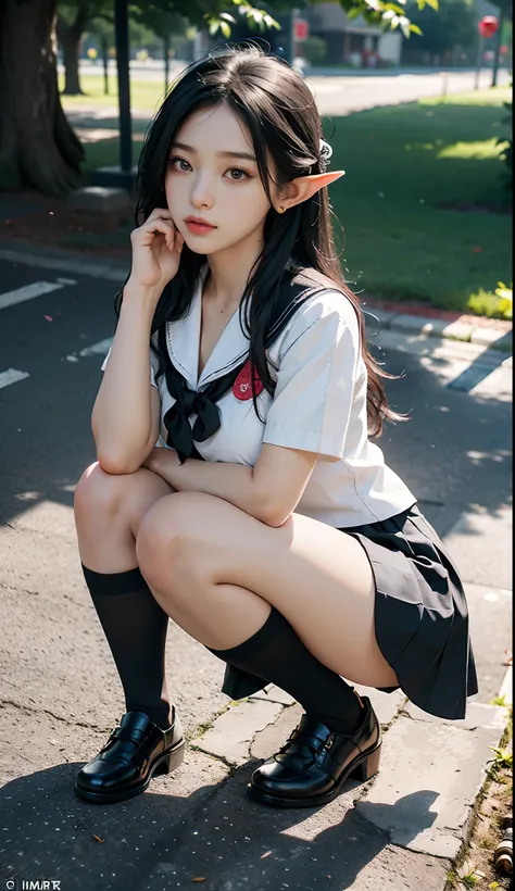 (Japanese-style school，the cherry trees：1 Elf beauty，Kneeling pose，a sailor suit），Normal posture Masterpiece， best qualtiy， RAW photogr，Meticulous facial portrayal，realisticlying， Incredibly Ridiculous res，(Elf long ears)， ear studs，hair pin， (Long flowing...