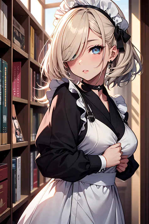 Background with:A room in a large Western mansion（Wall-to-wall bookshelves、Western historical antiques、）。Curvaceous but slender、2 hair colors、Ash color、ornament detached、Maid Sailor、Separate Wear、apron、frilld、a sailor suit、maid clothes、Niso、accessorized、sh...