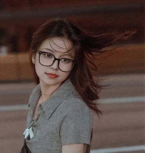 A woman wearing glasses and a tie stands in the street, 50mm portrait, Girl with glasses, a girl with round glasses, INFP young woman, 7 0 mm portrait, 60mm portrait, 3 5 mm portrait, soft light from the side, dslr 5 0 mm portrait photo, shot at golden hou...