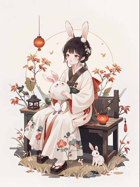 （A rabbit：1.4）, sat on the ground, Looking up, Mid-Autumn Festival atmosphere, Traditional Chinese illustration style, Digital art, Simple background, Masterpiece on white background, Best quality, Ultra-detailed, High quality, 4K