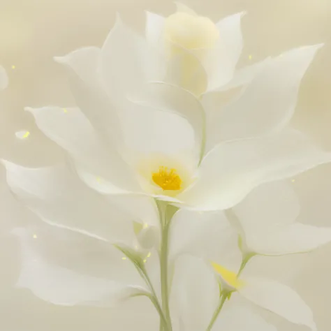 there is a white flower with a yellow center on a stem, flor delicada brilhante, flores luminosas, translucent roses ornate, pintura digital elegante, soft light melanchônica pink, Arte bonita UHD 4K, flores brilhantes, bela arte digital, pintura digital b...