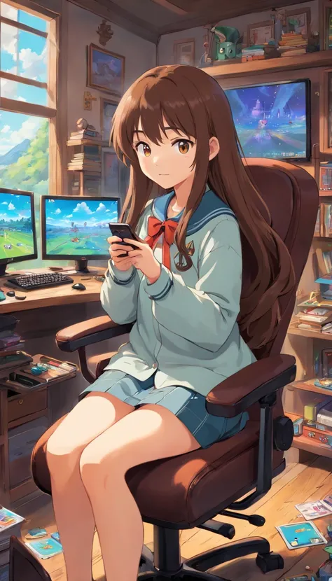 A girl with a long brown hair,sitting in the gaming chair,messy room,playing mobile games, wearing decent school uniform.