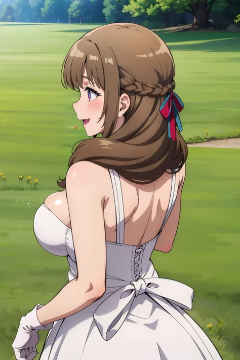(1boy, faceless male, POV, ass between penis), best quality, high resolution, 1girl, (huge breasts:1.2), upper body, Beautiful face, from behind, ass, nose blush, happy, smile, mamako_oosuki, long hair, brown hair, purple eyes, mature female, bright pupils...