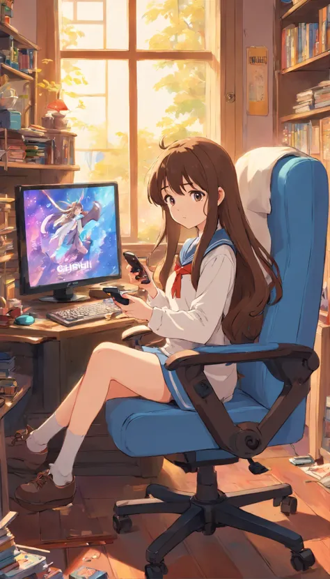 A girl with a long brown hair,sitting in the gaming chair,messy room,playing mobile games, wearing decent school uniform.