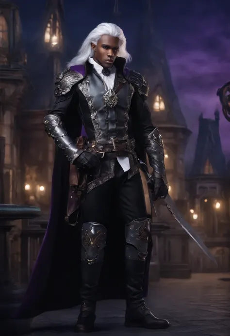 1male elf, dark grey skin, long white hair, purple eyes, wearing fancy leather armor, wearing black pants, holding steampunk revolver, Fantasy city, absurdres, high res, ultrasharp, 8K, masterpiece, looking at viewer