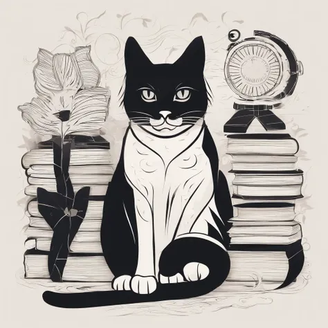 Three cats, black cats, sitting on a books, surrounded by films and cameras, in a vintage library, with dim lighting and soft shadows, capturing beautiful moments, in a mysterious and enchanting atmosphere, with a cinematic touch, and a warm color palette,...