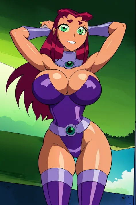 Teen titans, Starfire, anime, masterpiece, 1girl, ((bimbo))), green eyes, beautiful eyes, smile face, long red hair, wide hips, thick thigh, big breasts, cleavage huge ass, shiny skin, purple bikini, embarrassed, blushing, arms up, posing