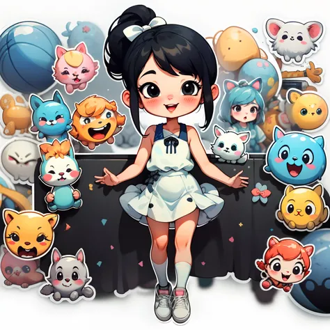 tchibi，1girll Black hair，Mouth open，Smile，bow，Solo，White background，vestido，Walls，black eyes，full bodyesbian，simplebackground，White shoes，shoes，athletic sneakers ，Blush，argyle，Long double ponytail，bow ribbon.