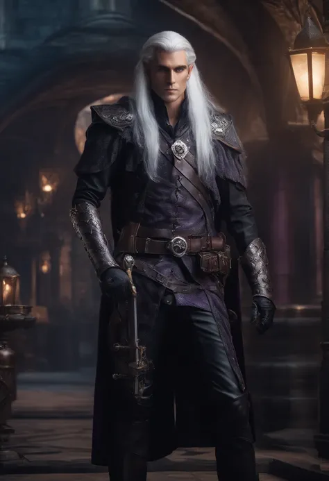 1male dark grey elf , long white hair, purple eyes, wearing fancy leather armor, wearing black pants, holding steampunk revolver, Fantasy city, absurdres, high res, ultrasharp, 8K, masterpiece, looking at viewer