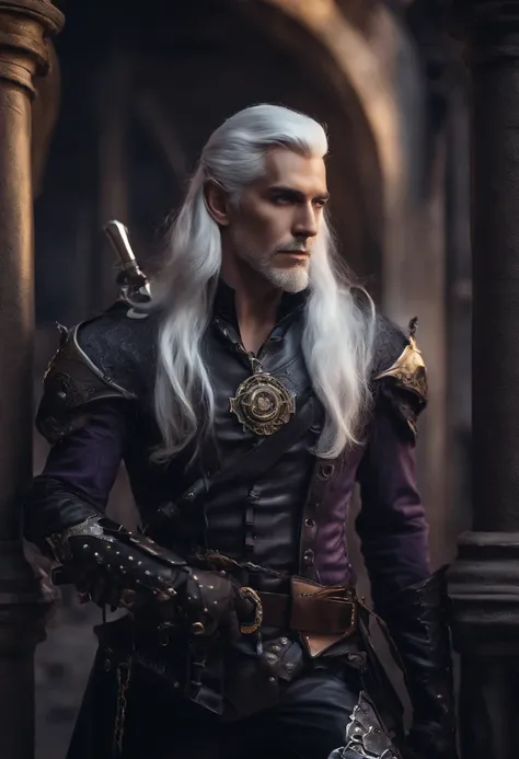 1male dark grey elf , long white hair, purple eyes, wearing fancy leather armor, wearing black pants, holding steampunk revolver, Fantasy city, absurdres, high res, ultrasharp, 8K, masterpiece, looking at viewer