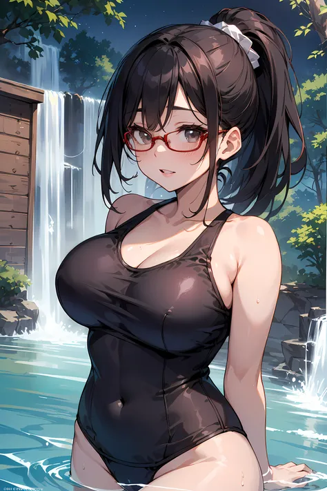 (Go inside the waterfall:1.3), (reaching out against the viewer:1.5),  high resolution, Photo of a beautiful woman detailed_face, young handsome girl,realistic:0.5, perfect skin, (wearing a glasses:1.5), from behind:1.5, (ultra-detailed background, detaile...