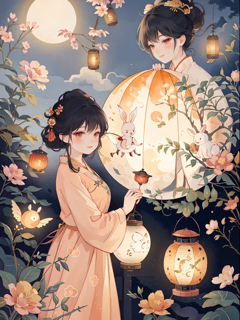 Mid-Autumn Festival，A lovely fairy，Wearing Chinese costumes，holding a lantern，Cute rabbit next to the girl，Lantern，Auspicious clouds，Behind the huge moon，a warm color palette，Abstract screen，ultra-realistic realism，pixar-style，3d effect，Disney  style，clear...