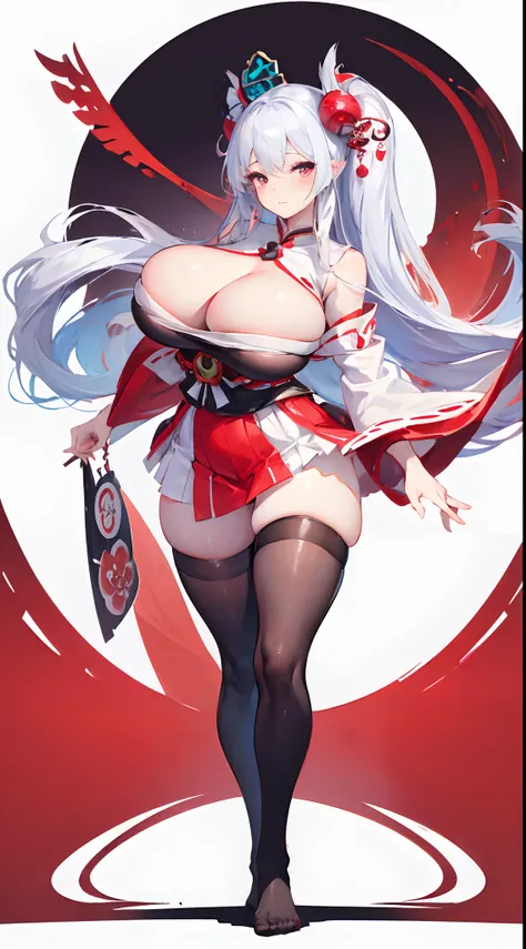 (gigantic cleavage breasts:1.4)，Japan Priestess，black pantyhoses，No shoes，Full body like，shrine maiden clothe，Dance，white backgrounid，simplebackground