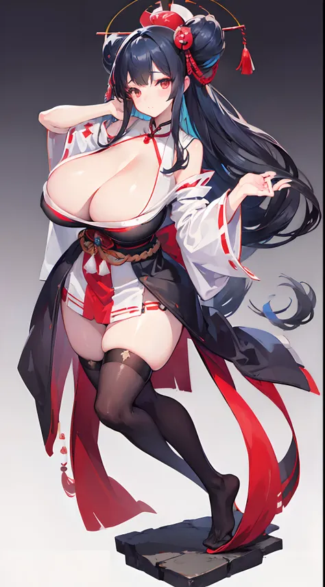 (gigantic cleavage breasts:1.4)，Japan Priestess，black pantyhoses，No shoes，Full body like，shrine maiden clothe，Dance，white backgrounid，simplebackground