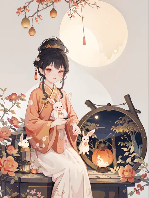 Mid-Autumn Festival，A lovely fairy，Wearing Chinese costumes，holding a lantern，Cute rabbit next to the girl，Lantern，Auspicious clouds，Behind the huge moon，a warm color palette，Abstract screen，ultra-realistic realism，pixar-style，3d effect，Disney  style，clear...