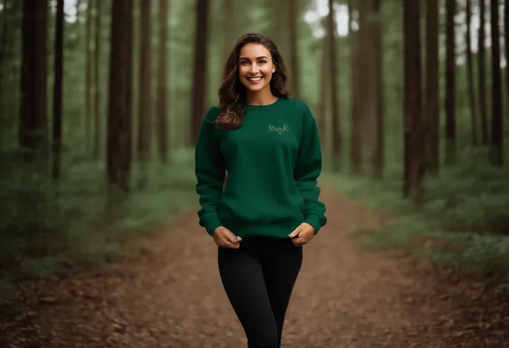 flat forest green gildan sweatshirt mockup, christmas style, detail fabric texture, relastic, full body | model young girl, brown hair, happy face |