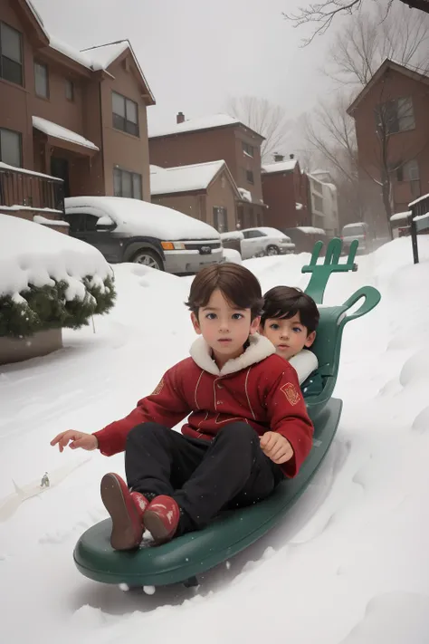 Year: 2012. Location: North River Heights, Manhattan. pre-raphaelite 10-year-old boy, sliding down a hill, snowy day, plastic sleigh, ((((2010s clothes)))) ((2010s hairstyle)) ((in the style of "OMITB")) ((cinematic style))