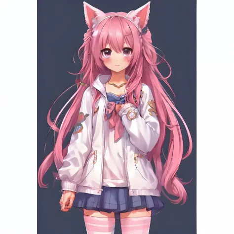 Cute girl with cat ears、Japan Anime Style、Moe、（full body2.0）、（1 person only 2.1）、（No background 1.8）、Authentic and highly detailed body、小柄、girl with、childish、10yaers old、length hair、bangss、A pink-haired、Real and highly detailed face、Beautiful eyes that are...