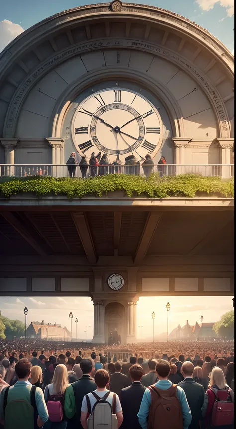 Hyper realistic england university scene with a big clock large field over crowded with students students talking to each other walking inside the university some are standing in groups with their books held in hands a wide view main building seems to be l...