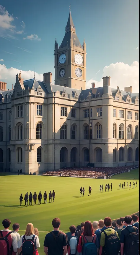 Hyper realistic england university scene with a big clock large field over crowded with students students talking to each other walking inside the university some are standing in groups with their books held in hands a wide view main building seems to be l...