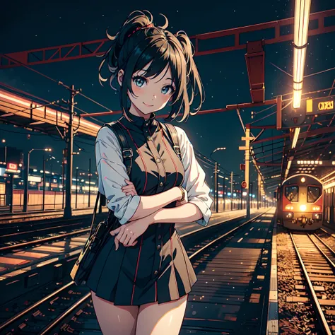 An anime girl, positioned amidst the intricate web of multiple railway tracks, wears a radiant smile that brightens the entire scene. Her eyes reflect a sense of awe and discovery, while her attire adds a pop of color to the industrial setting. The railway...