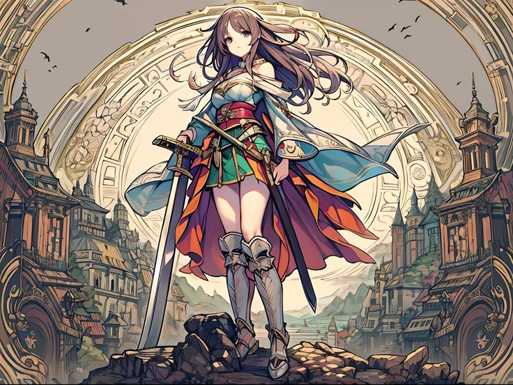 Japanese anime style. woman. Middle Ages. Europe. fantasy. Skirt. sword. are standing. Whole body. From below.