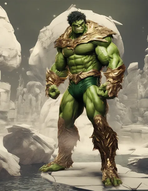 Full body view of the Hulk and Super Saiyan combo，tmasterpiece，high detal，best qualtiy，A high resolution，16k，in a panoramic view，hyper HD：： --v 5