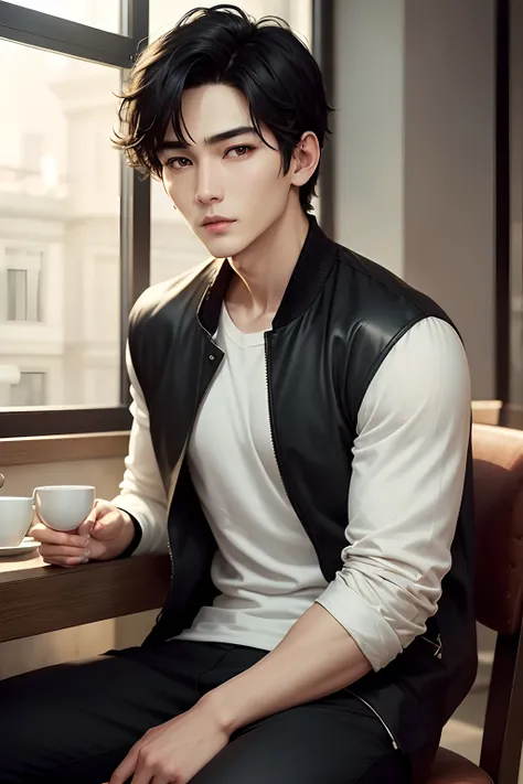 hightquality、Realistic facial features、Man sitting in fashionable café in sunshine、Black Hair Center Farewell、Short hair、Looks exactly like actor Ji Chang Wook、elongated head shape,、Clean face、slightly flabby eyes and parallel eyebrows,,、Gentle face、Classy...