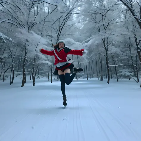 A wilderness with falling snowflakes，Best quality at best，tmasterpiece，1 Happy girl flying ,half naked breast，Stereoscopic effect，超高分辨率，high detal，超高分辨率，Ultra high quality，Anatomically correct