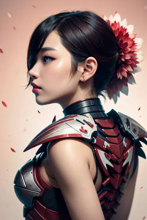 beautiful japanese young woman, wearing cyborg armor, thick symmetrical features, very short hair, background is cherry blossoms...