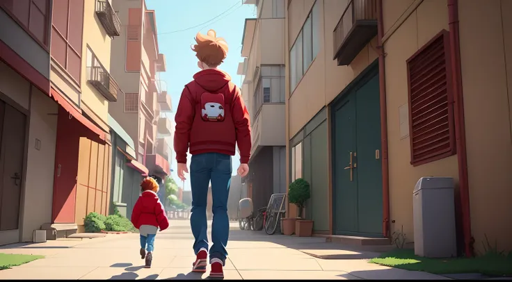 a cartoon image of a boy in a red jacket and jeans walking, animation style, animation illustrative style, in style of disney animation, animated style, in the anime film, style in ghibli anime, in an anime, style in ghibli anime style, in the art style of...