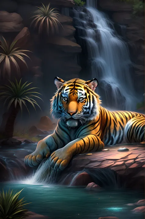 fantasy art, RPG art, an picture of an epic tiger resting near an epic sized waterfall in the desert at night, an epic tiger, big leopard, resting an viewing an (epic sized waterfall: 1.3) , water coming down from a desert cliff, water cascading into a lar...