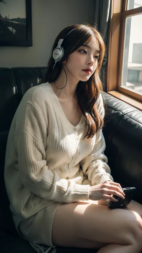 There was a woman sitting on a sofa wearing headphones, a photorealistic painting inspired by Ayami Kojima, Trend of CGsociety, Digital art, Realistic art style, with headphone, Photorealistic art style, Casual pose, photo-realistic low lighting, Photoreal...