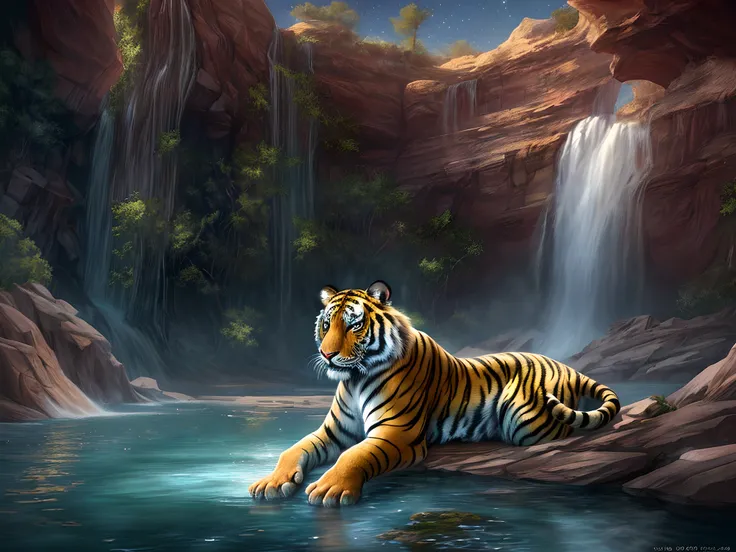 fantasy art, RPG art, an picture of an epic tiger resting near an epic sized waterfall in the desert at night, an epic tiger, big leopard, resting an viewing an (epic sized waterfall: 1.3), water coming down from a desert cliff, water cascading into a larg...