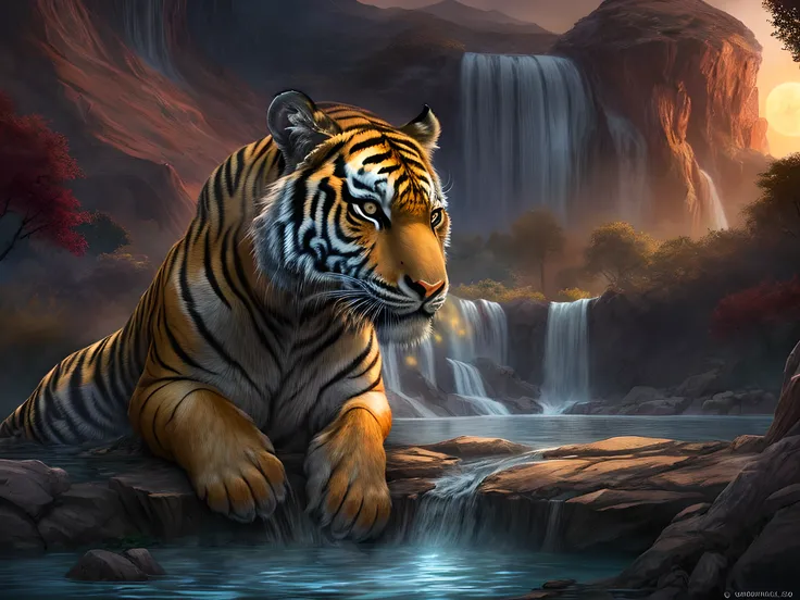 fantasy art, RPG art, an picture of an epic tiger resting near an epic sized waterfall in the desert at night, an epic tiger, big leopard, resting an viewing an (epic sized waterfall: 1.3), water coming down from a desert cliff, water cascading into a larg...