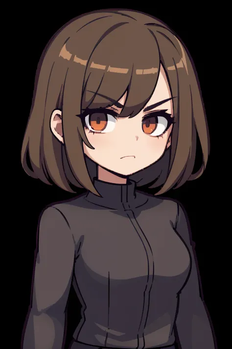 female, 1girl,solo, looking at you, angry, headshot, bust, portrait, dark brown hair, brown eyes, black background, pixelated, sprite sheet, ((pixel:0.9)), solo, ((sprite:1.0)), short hair, messy hair, turtleneck, ((bangs over one eye:1.1)), hair covering ...