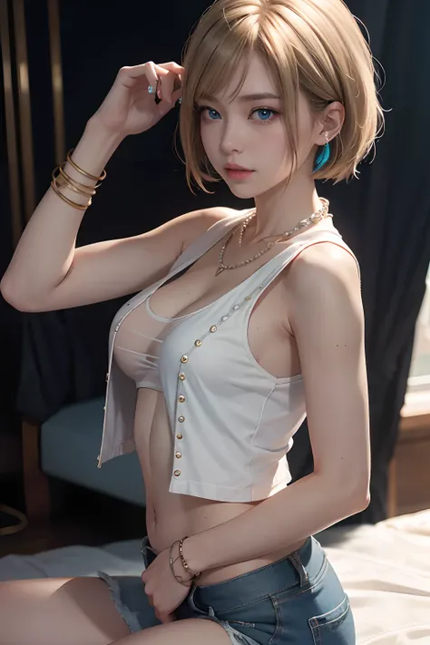 Best quality at best， A high resolution， Number 18， one-girl，Cyborg No. 18， 独奏， eBlue eyes， with short golden hair， thongs， denim pant， pearls necklace， bangle， black glove， white  shirt， short detailed hair， short- sleeved， 耳Nipple Ring， Blue pants， Open ...