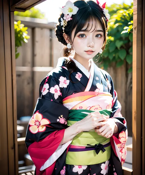 masterpiece, realistic, japan kimono woman with unaju, 18 years old, hydrangea patterned kimono, hydrangea shaped hair ornament