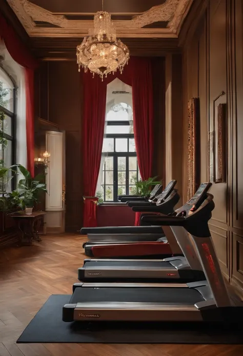 Large retro space，ellegance，with beautiful colors，European style wainscoting，wooden floor，The lighting is charming，Fitness equipment，Multiple treadmills