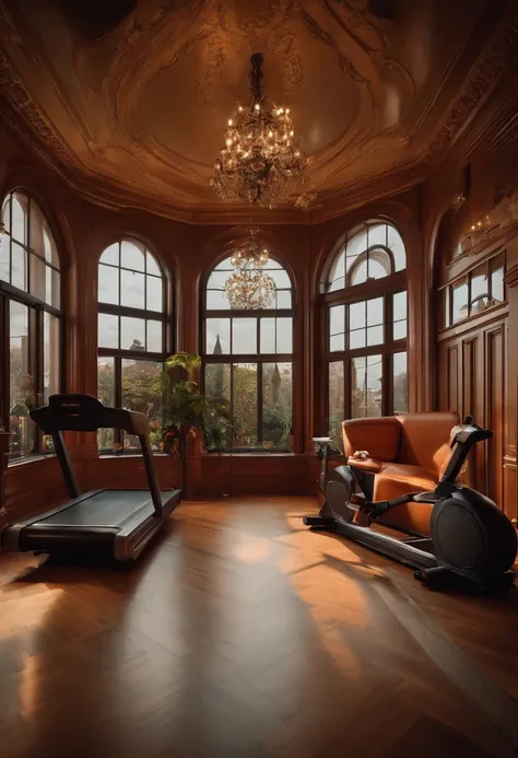 Large retro space，ellegance，with beautiful colors，European style wainscoting，wooden floor，The lighting is charming，Fitness equipment，Multiple treadmills