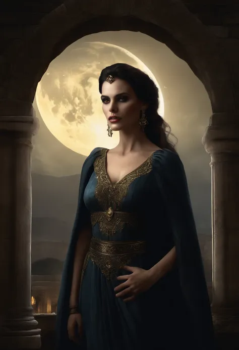 Vampire who looks like monica belluci in ancient roman ruins, night, strong moonlight, photo realism, dynamic lighting, eve ventrue, glowing gold eyes, gothic, eerie, Creepy, nightmarish, Very bright colors, Light particles, with light glowing, wallpaper a...