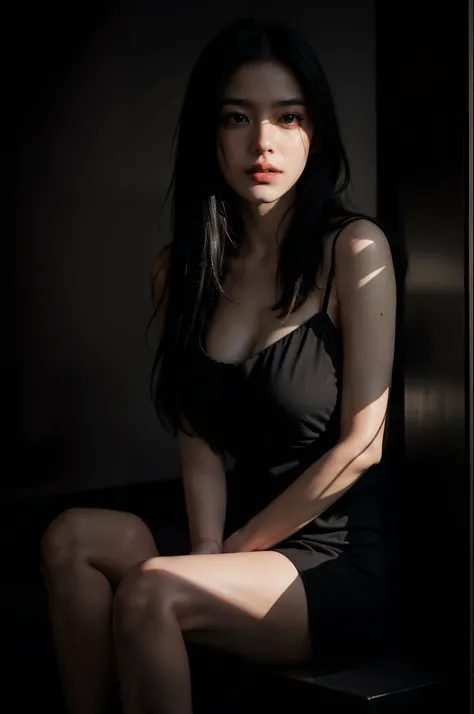 Close up of sitting woman in oversized black dress, dark background, face light reflection, stunning style