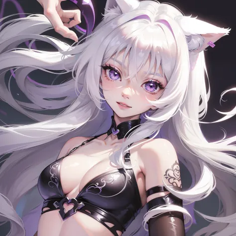 young girl, Long white hair, cat ears, Purple eye, Naked, , smirk, tattoo, Masterpiece, hiquality