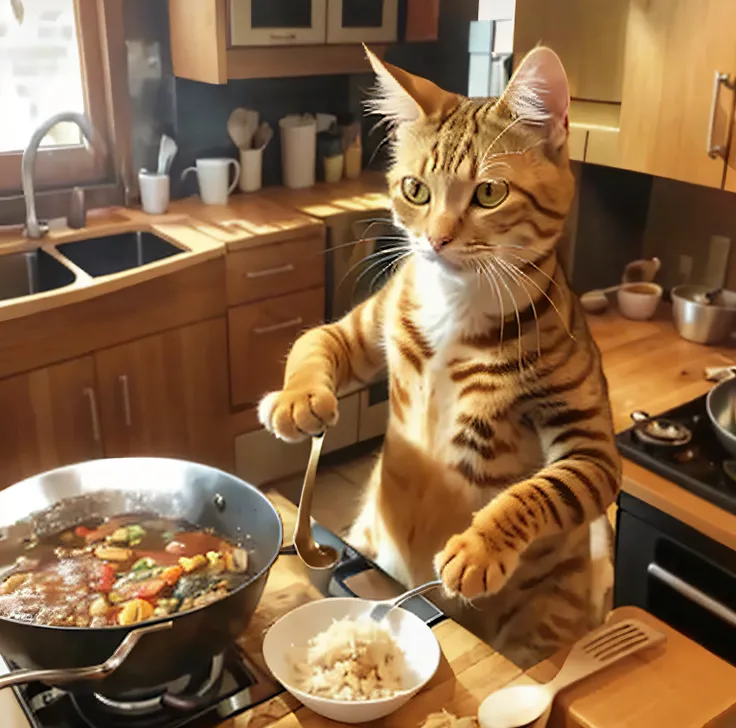 The Alabi cat sits on the kitchen counter with a pot of food, the cat cooks soup, cooking it up, Cooking, cat eating, dinner is served, wok, ginger cat in mid action, ratatouille style, gourmet cooking, miko, On plates and tables, Ready to eat, Cooked, fun...