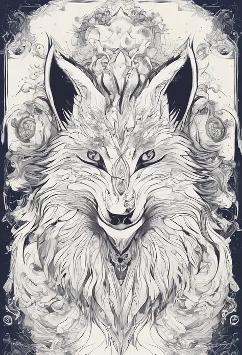 White fox，Nine-tailed fox god，colored ink drawing，Cloth texture