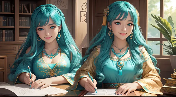 Masterpiece, Best quality, Ultra-detailed, illustration,(1girll),Beautiful detailed eyes, view the viewer, (Hold a computer keyboard), cheerfulness, (Turquoise hair:1), (Blue round eyes:1), (Circle earrings), (Turquoise large gemstone necklace), Cute round...