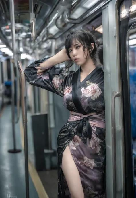 (((16 year old very cute extreme exhibitionist girl wearing transparent floral yukata on crowded train))), (((90 year old man in tuxedo behind puts his hand on her waist))), ((((, no-bra)))), (((Huge breasts :1.1))), ((cleavage, Exposed breasts, Exposed cr...