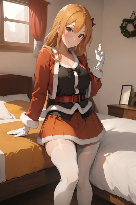 (​masterpiece、top-quality、top-quality、Beautifully Aesthetic:1.2)、ighly detailed、highestdetailed、grey  eyes、orange color hair|Semi-long blonde hair、((Santa Claus Costume))、(pantyhose)、Matsumoto Rangiku、graffiti art、Look at the viewer、A smile、Bedroom、on the ...